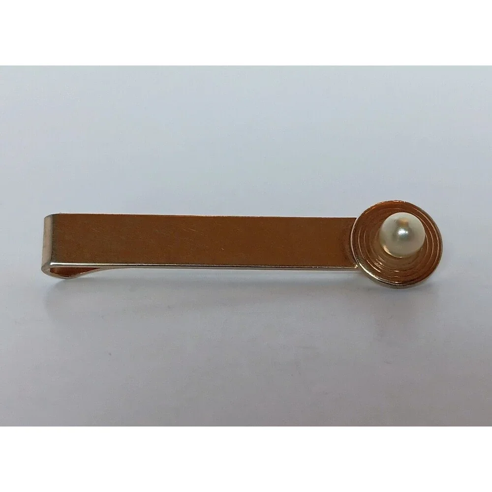 Vintage Swank Signed Goldtone Faux Pearl Tie Bar Clip Gator Clasp - Picture 1 of 4